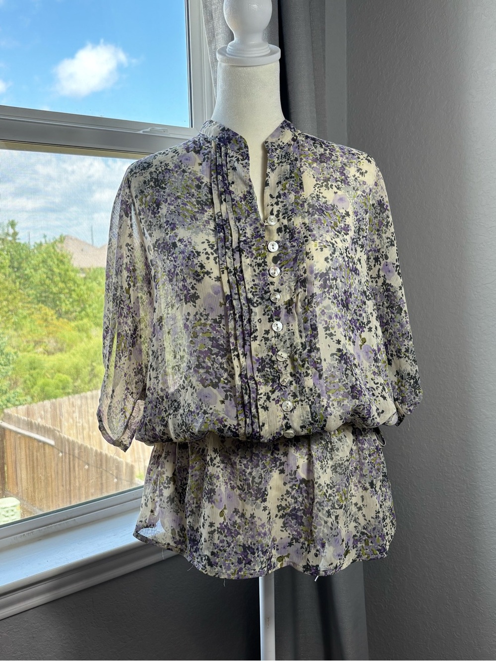 Women's Floral Puff-Sleeve Blouse - Lavender Cream